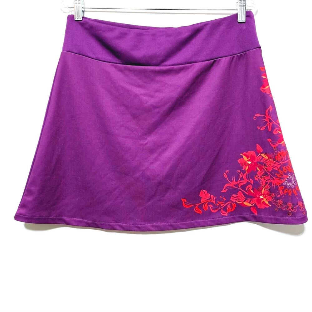 Coline Purple Stretch Pull On Mini Skirt Floral Rhinestones Women's M Casual